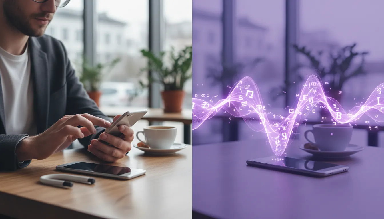 Script on a phone turning into glowing sound waves in an AI Voice Generator comparison