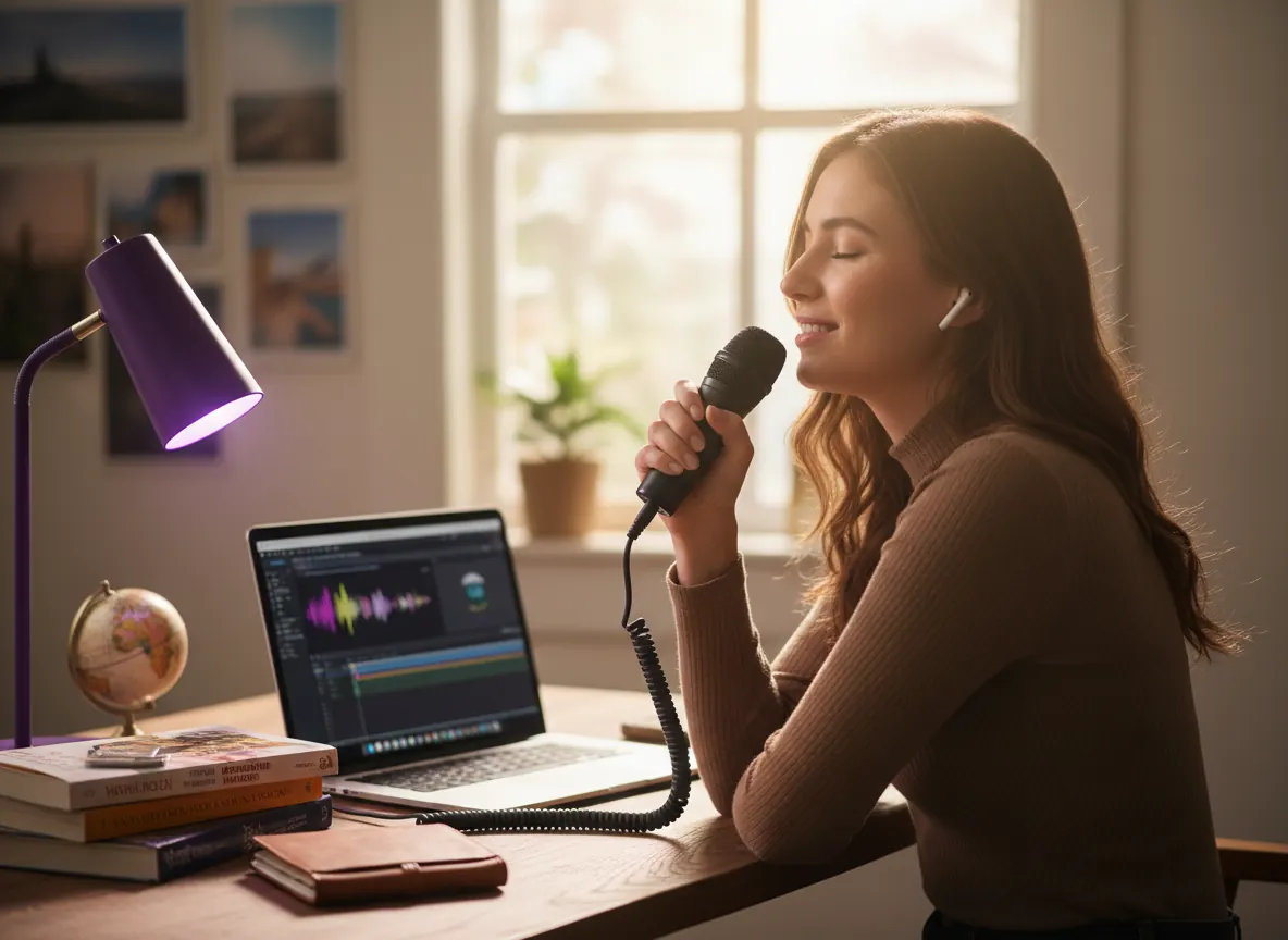 Creator at a desk making an AI voiceover with the Echo AI Voice Generator app